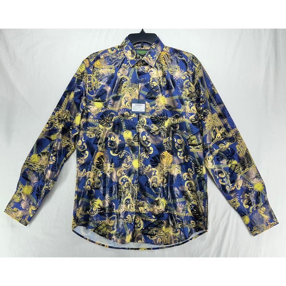 Inserch Icon Mens Navy Baroque Gold Chain Print Button Down Shirt M NEW